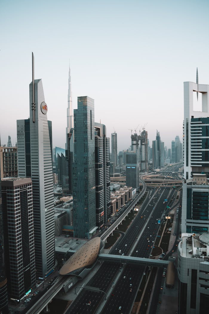 Stunning view of Dubai's skyline at day featuring the iconic Burj Khalifa and modern skyscrapers.